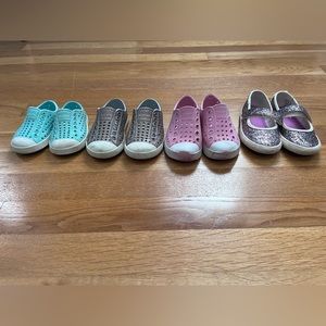 4 pairs of gently used girls shoes - sizes 4,5,6 and 7 from left to right